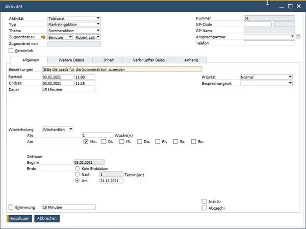Customer Relation Management Aktivitätenmanagement